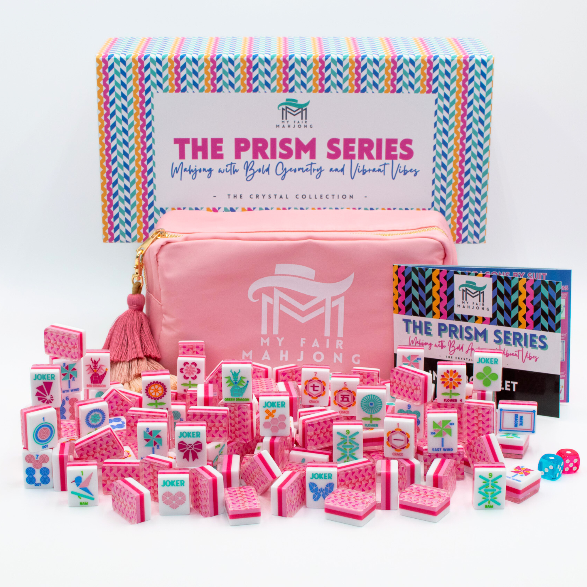 Crystal Prism Pink Tile Set | Mahjong with Bold Angles and Vibrant Vibes | 1.25" x 0.9" x 0.7"