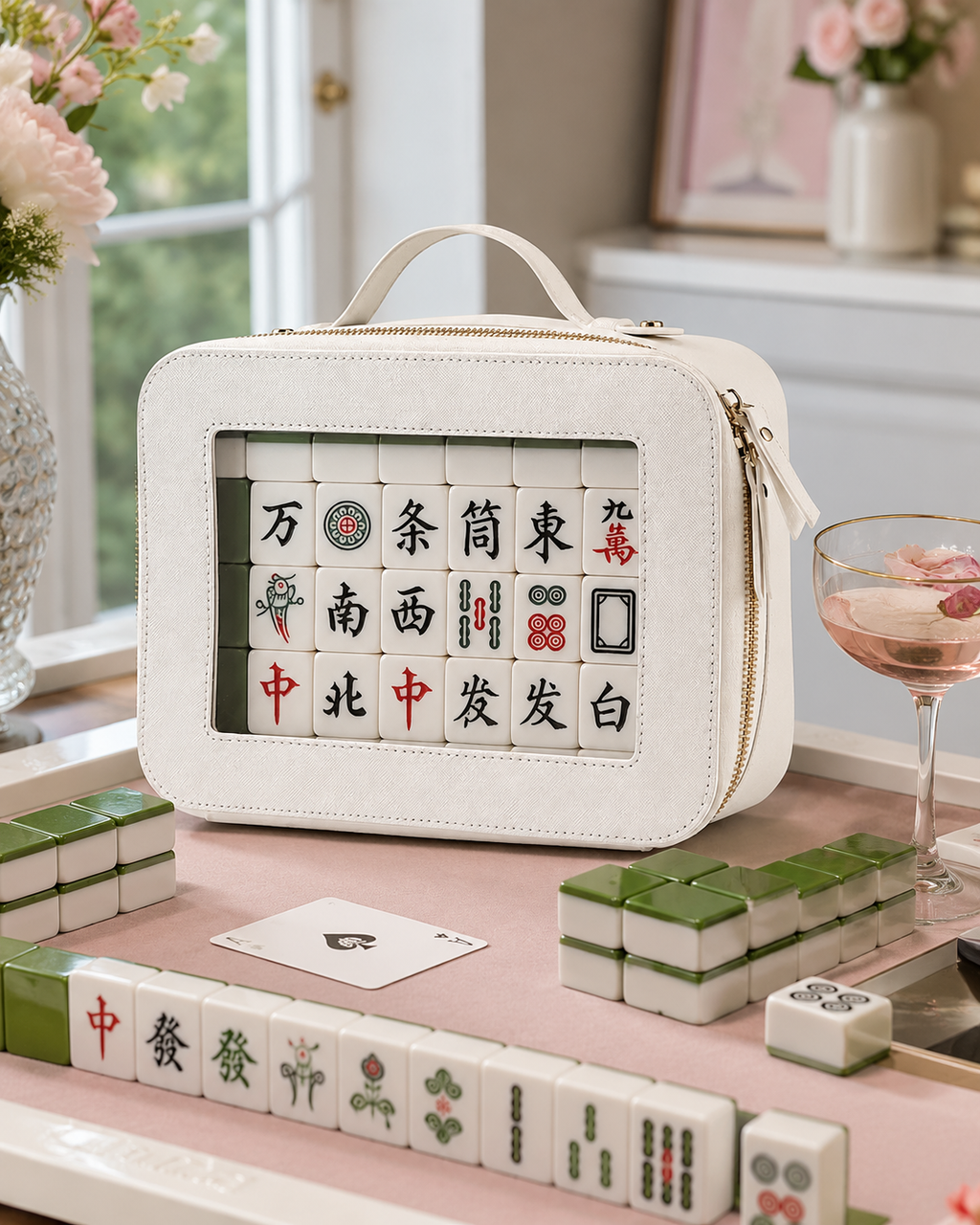 White Pink Tile Storage Bag with Handle