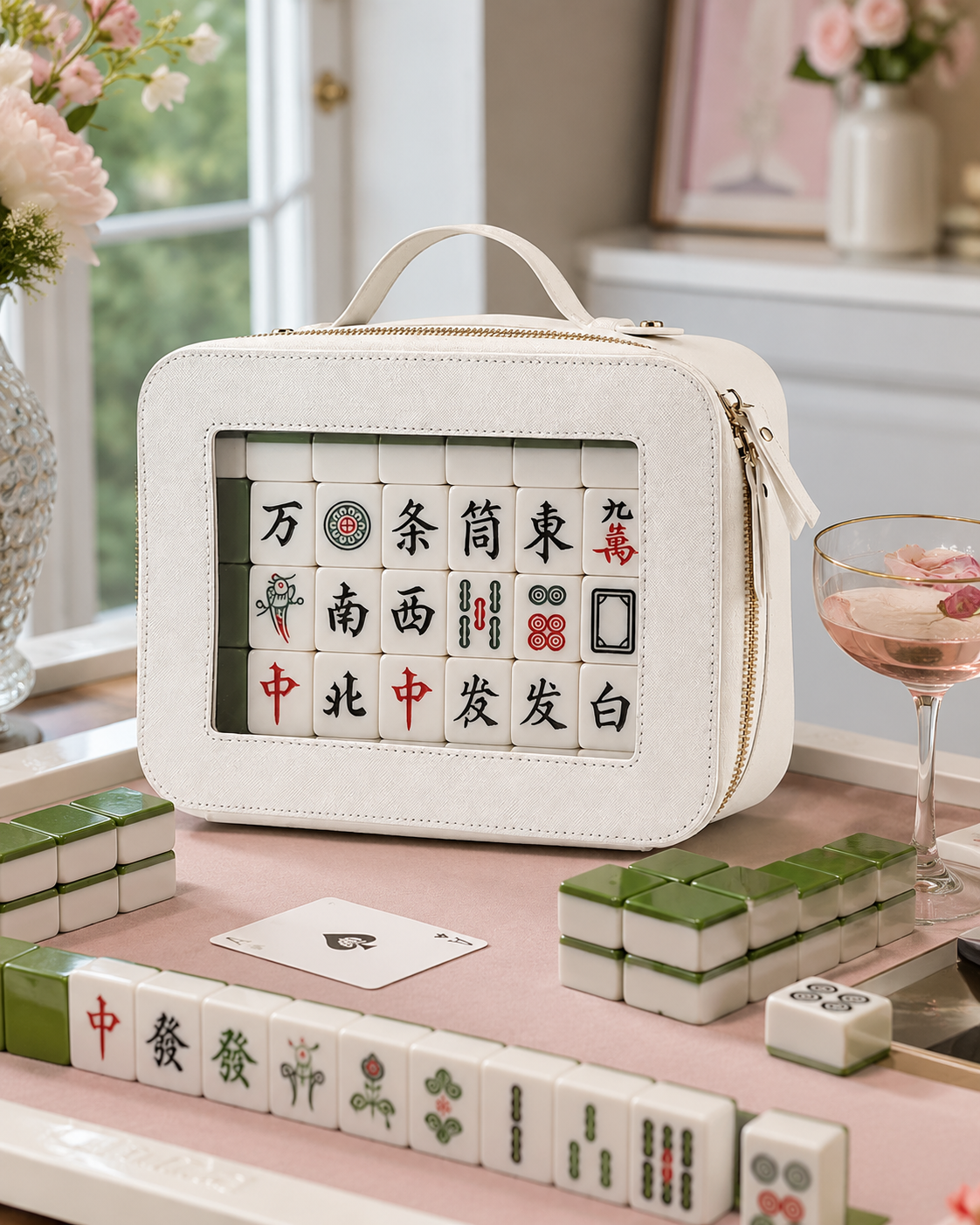 White Pink Tile Storage Bag with Handle