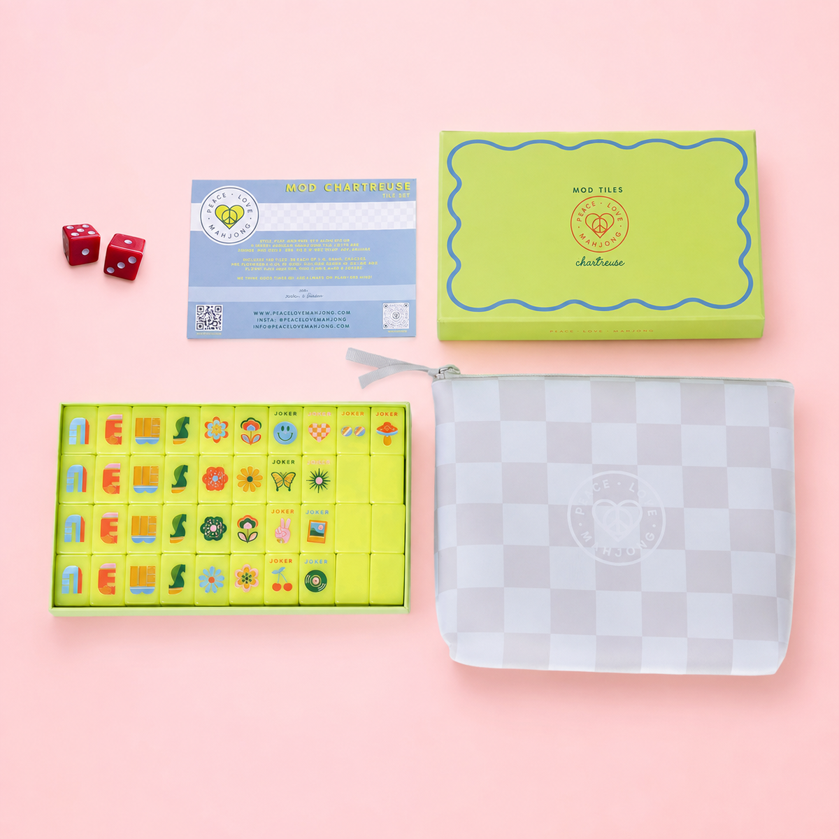 Mod Chartreuse Mahjong Tiles + Tile Pouch + Dice - Peace Love Mahjong