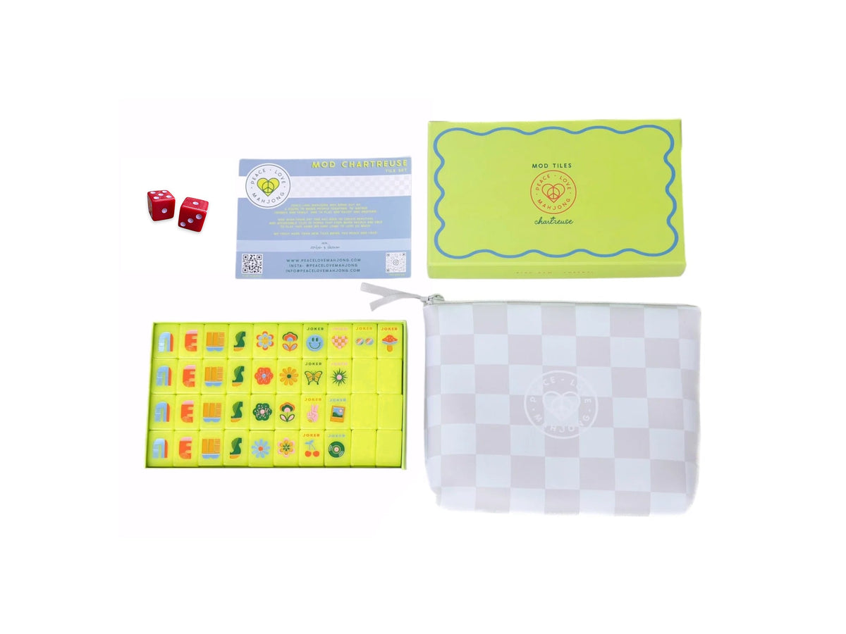Mod Chartreuse Mahjong Tiles + Tile Pouch + Dice - Peace Love Mahjong