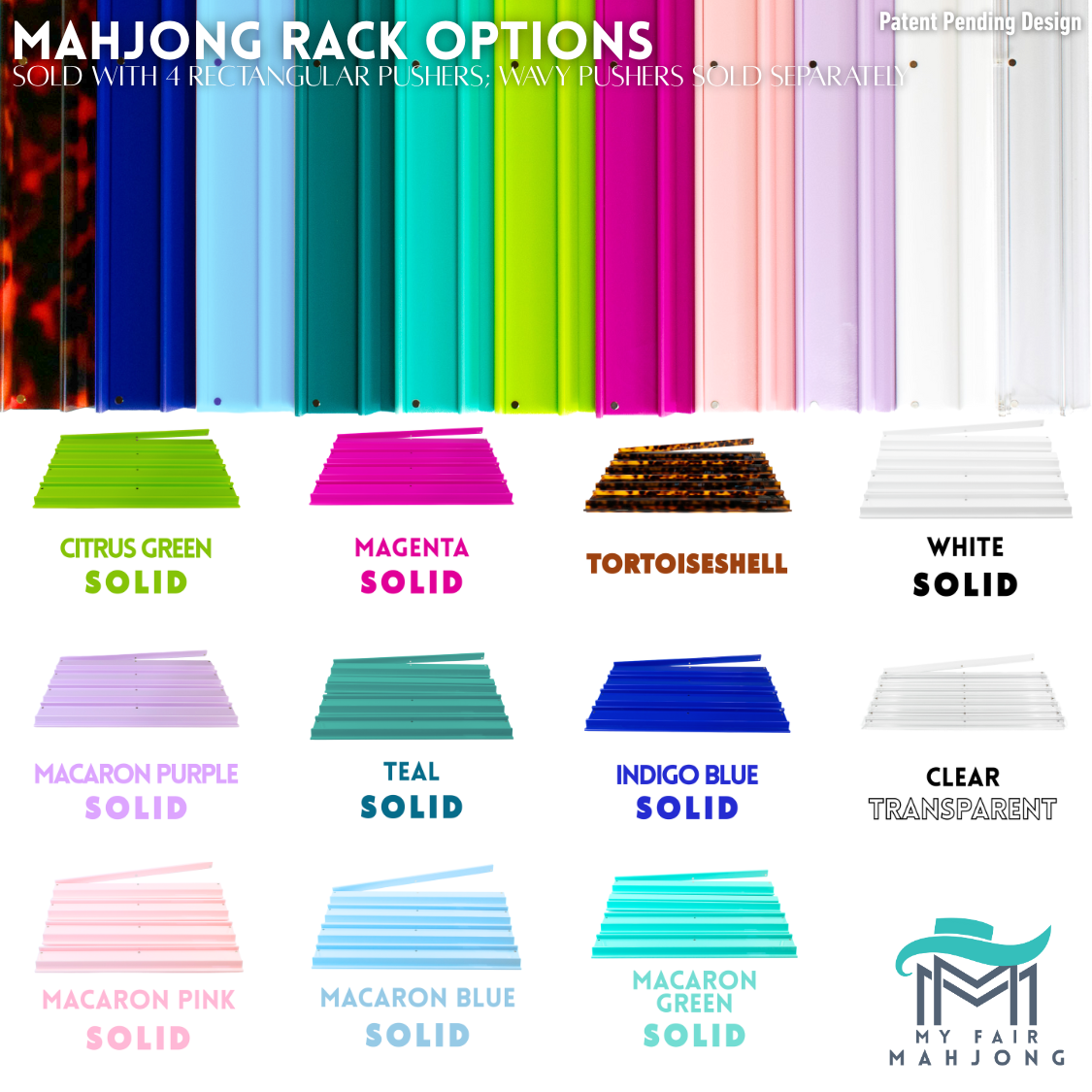 MAHJONG RACKS | Premium Acrylic | 4 Racks + 4 Pushers: Solid Macaron Green