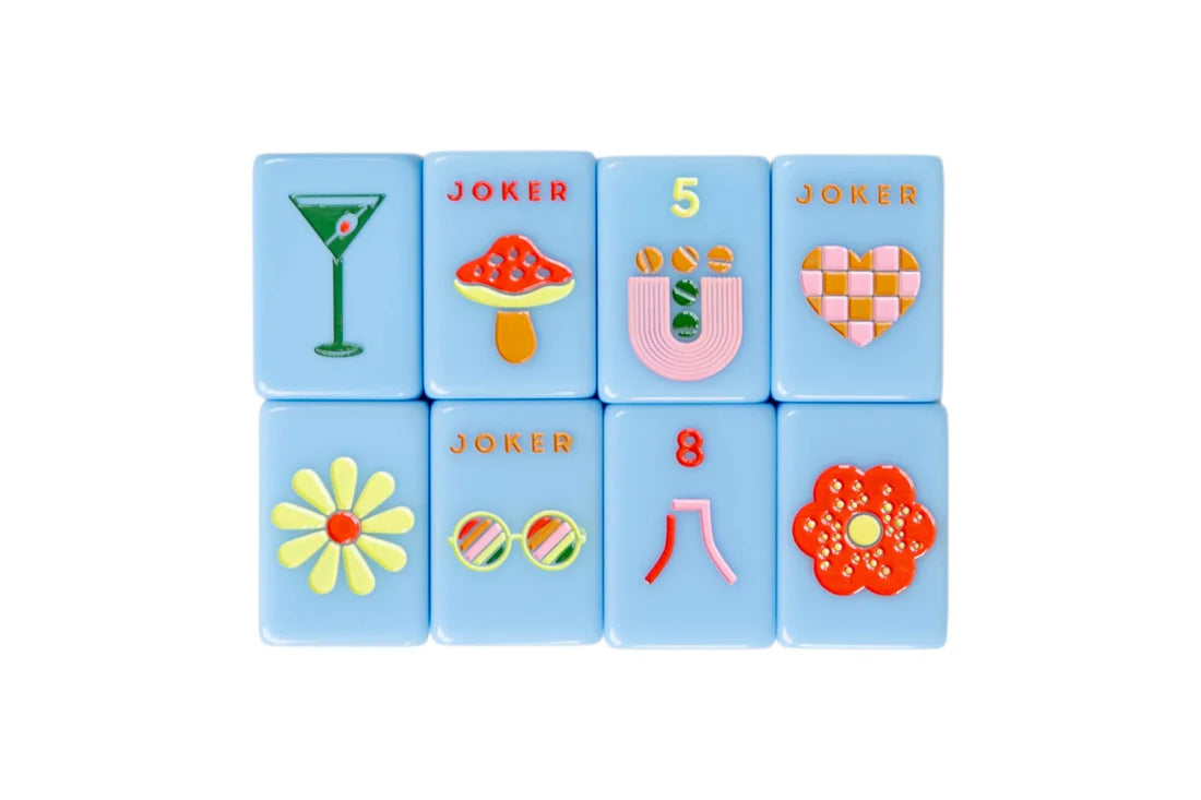 Mod French Blue Mahjong Tile Set + Tile Pouch + Dice - Peace Love Mahjong