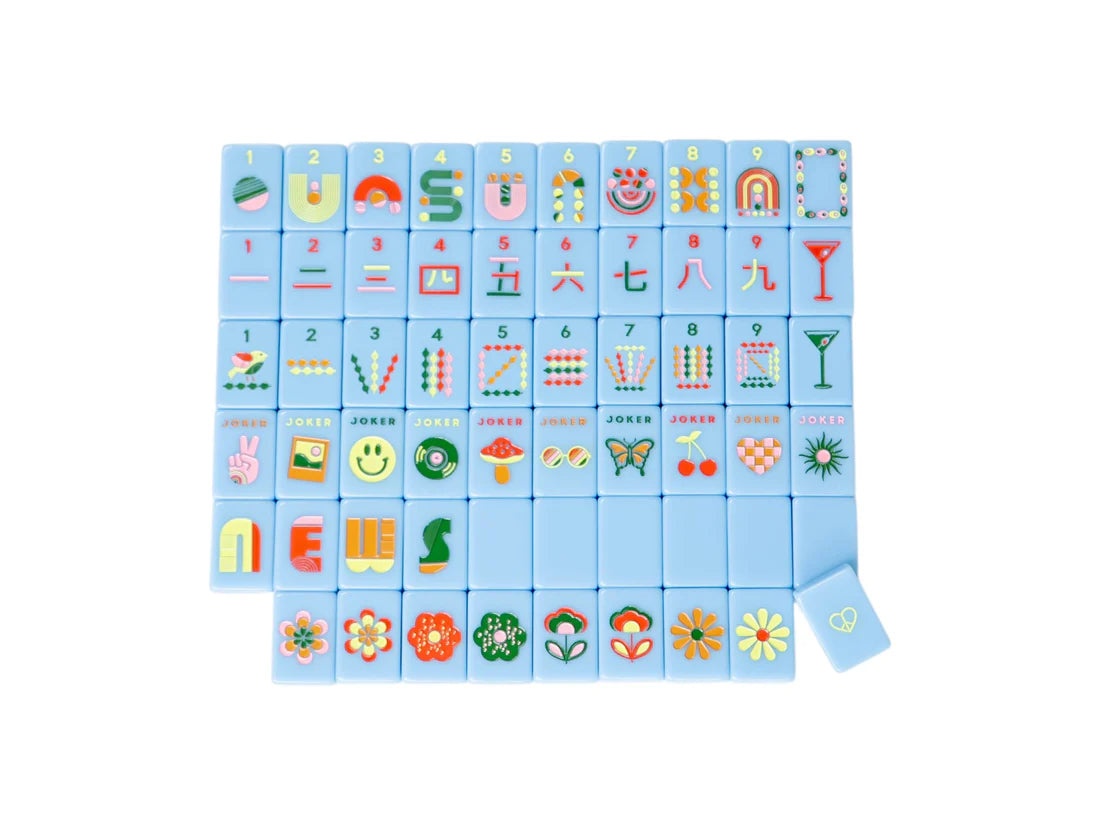 Mod French Blue Mahjong Tile Set + Tile Pouch + Dice - Peace Love Mahjong