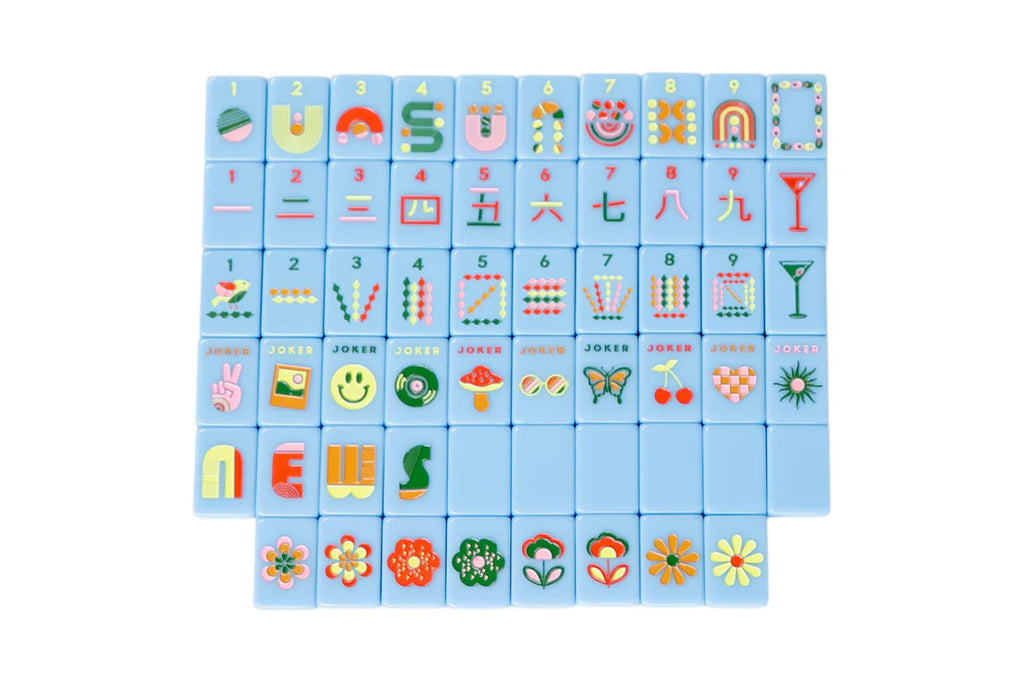 Mod French Blue Mahjong Tile Set + Tile Pouch + Dice - Peace Love Mahjong