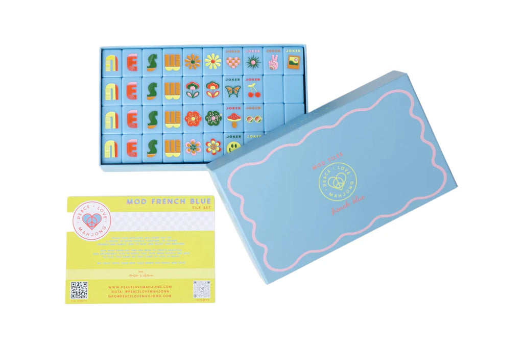 Mod French Blue Mahjong Tile Set + Tile Pouch + Dice - Peace Love Mahjong